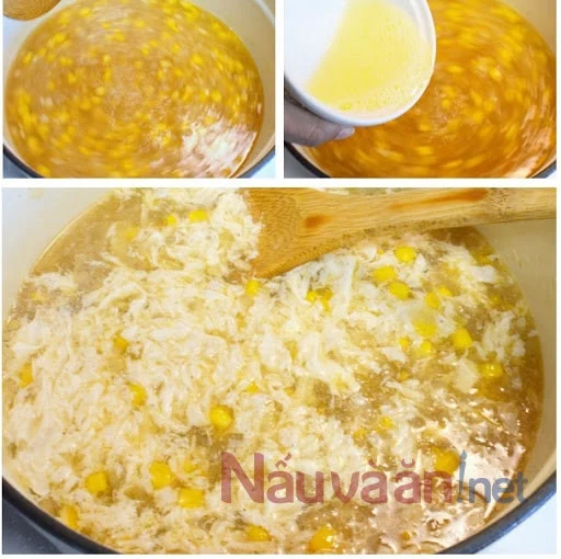 đổ từ từ bột năng, tiếp theo là lòng trắng trứng, bắp và hỗn hợp nấm gà vào nồi súp